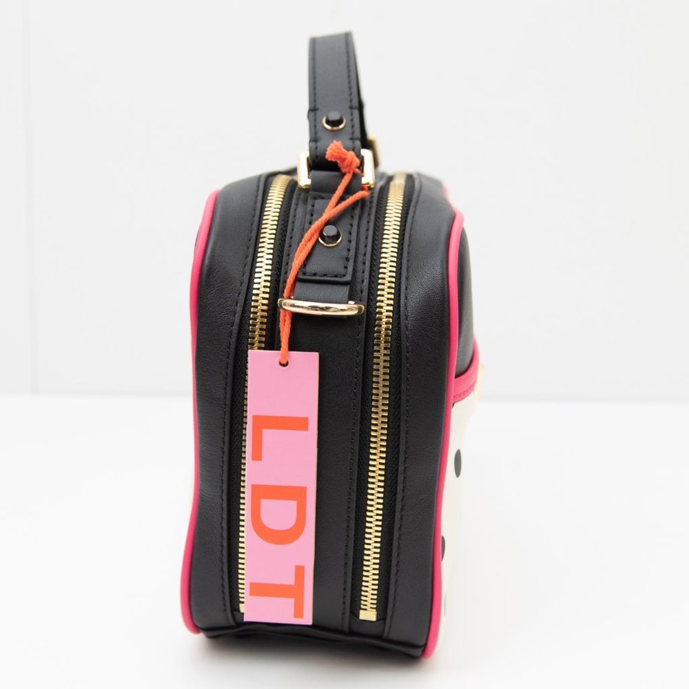 LDT "Jill" Purse Leather Crossbody Polkadot Lunchbag Bag Black Pink Gold New - Picture 4 of 15